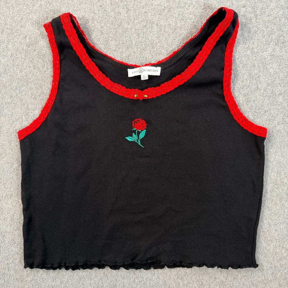 Love & Lazy Days Women's Large Black Rose Crop Tank Top Embroidered Lace Scallop